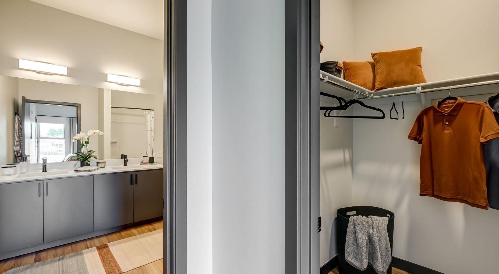 Spacious bathrooms with everything you need a bathroom with a mirror and a shelf